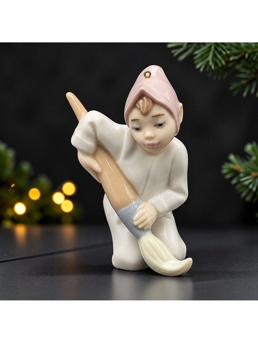 Vtg. Lladro Porcelain Girl Sweeping Broom Christmas Ornament Spain 3.5"
